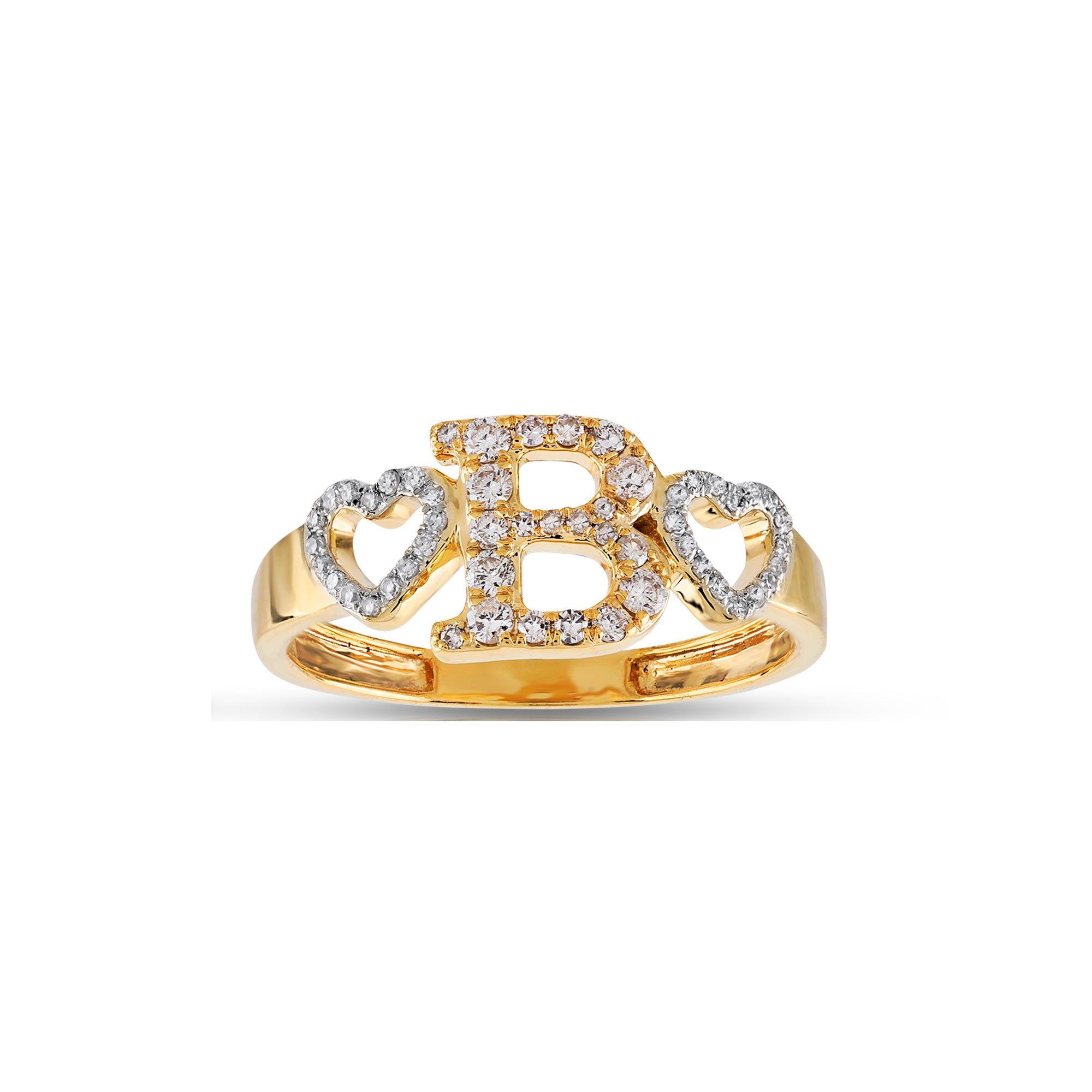 Yellow Gold Round Diamond Heart Initial Ring