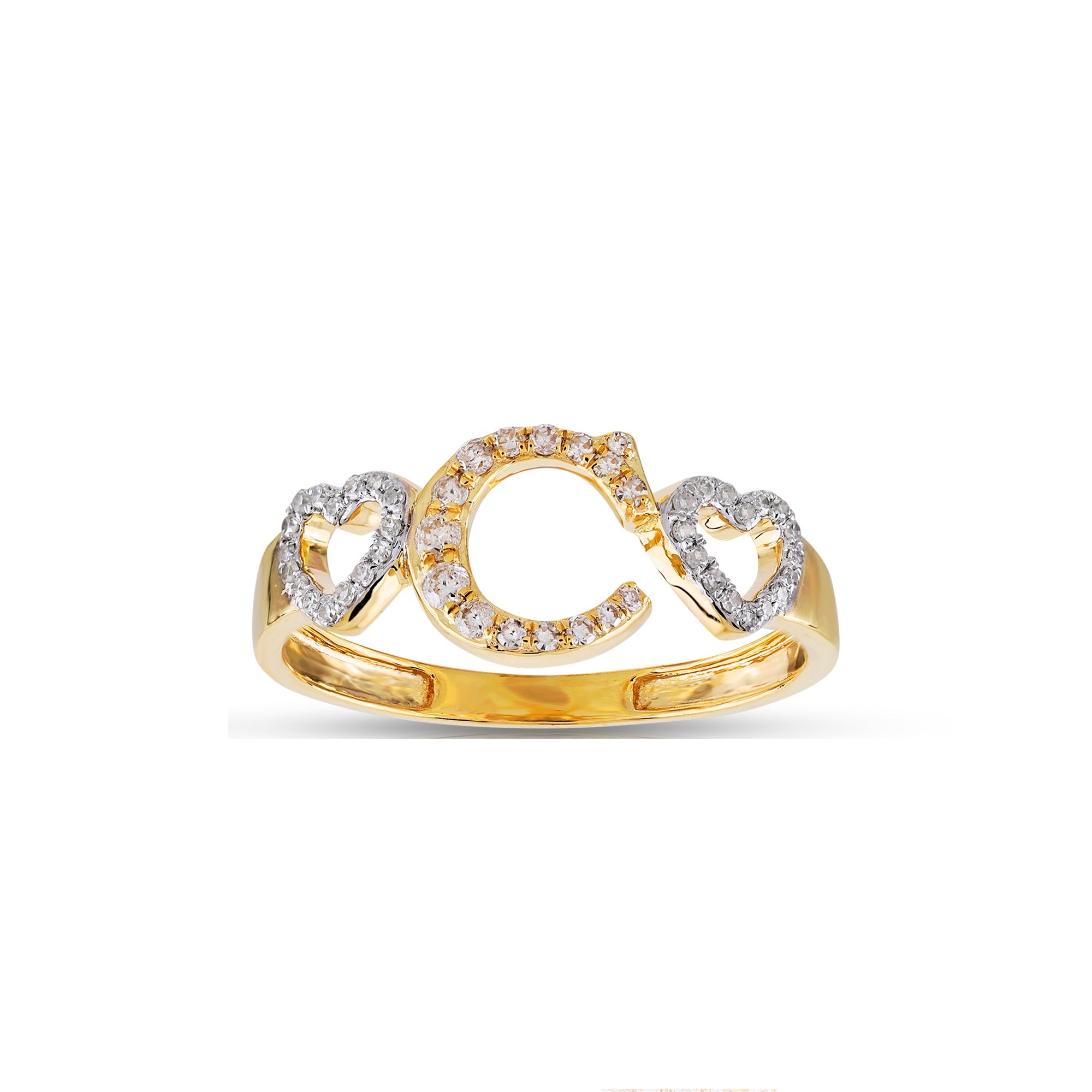 Yellow Gold Round Diamond Heart Initial Ring