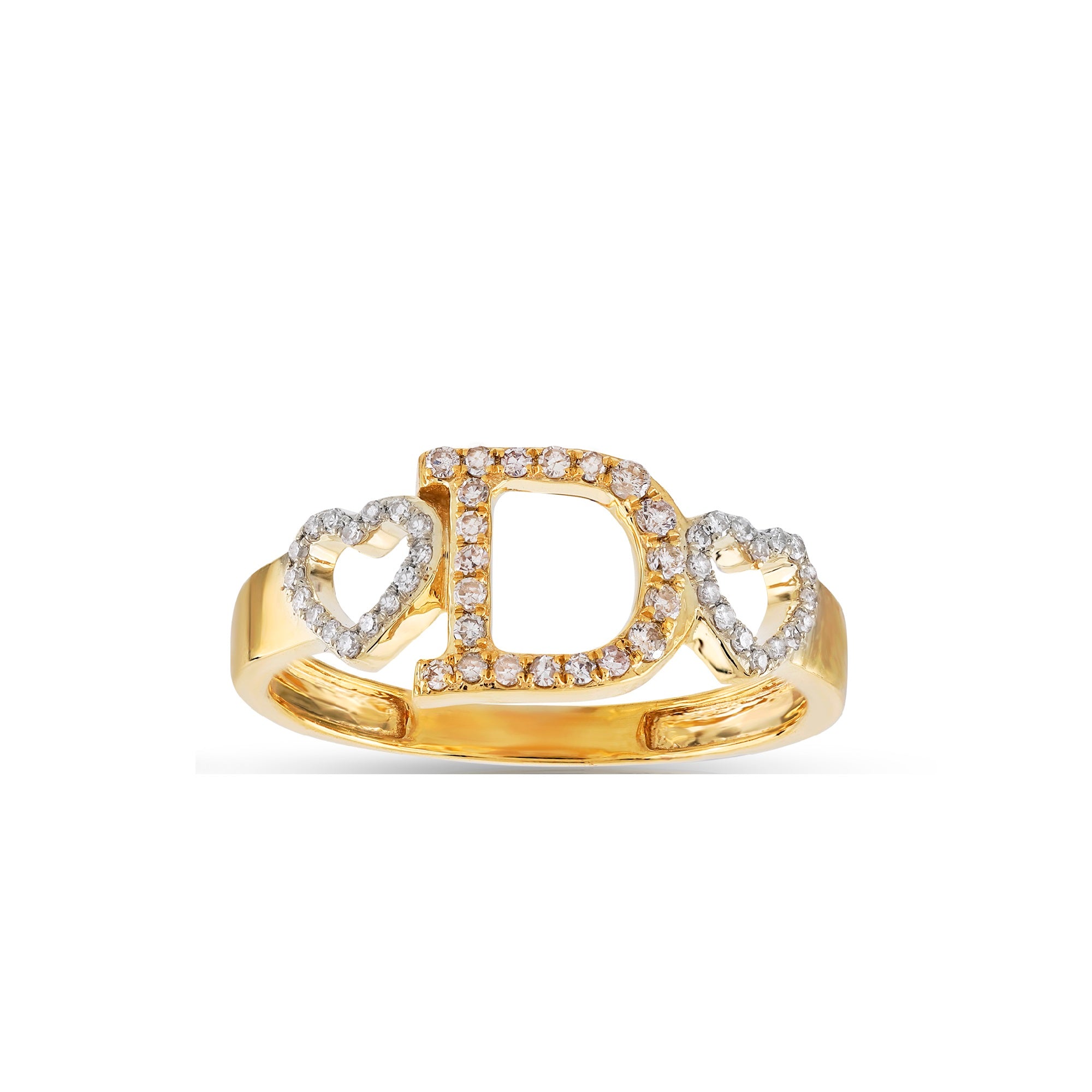 Yellow Gold Round Diamond Heart Initial Ring
