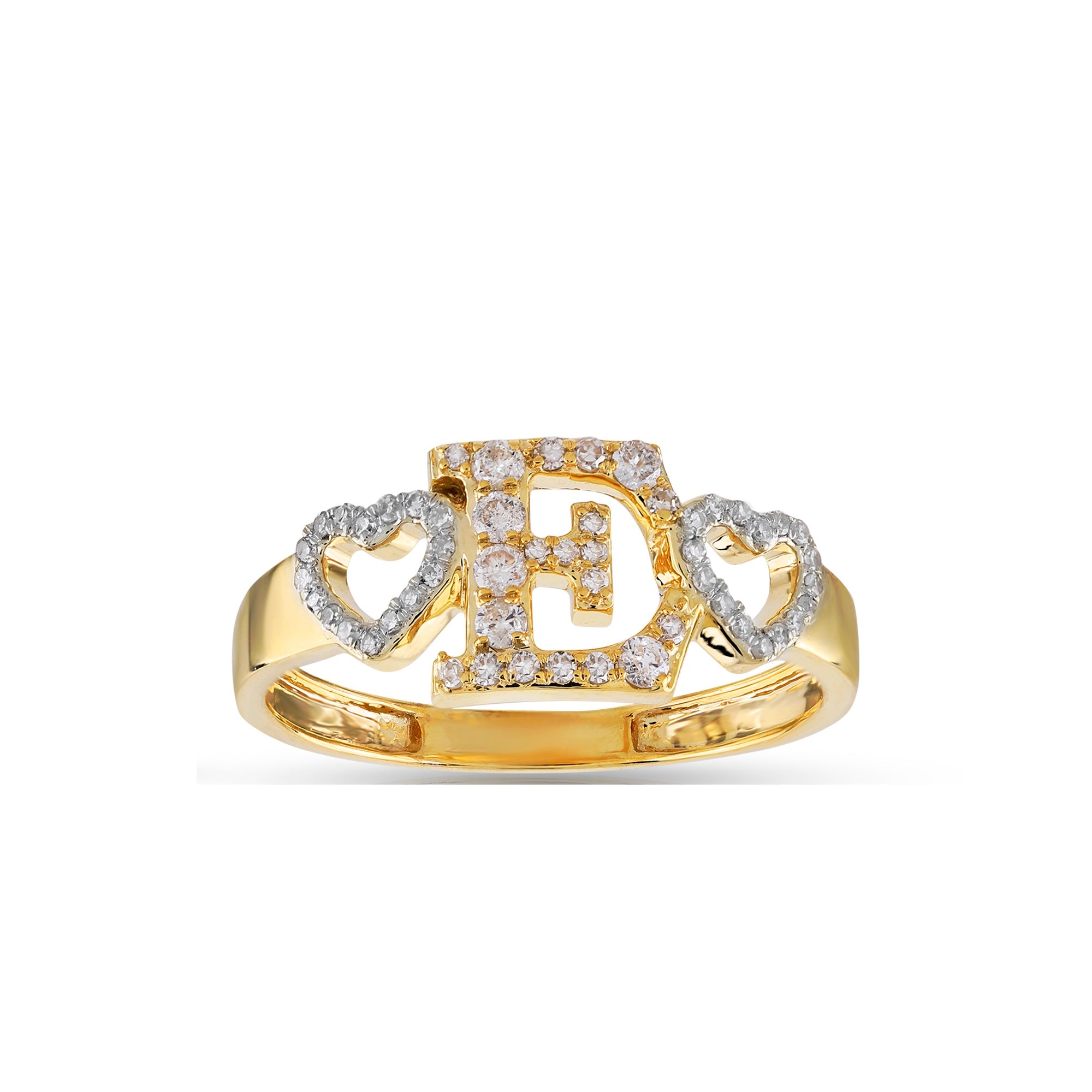 Yellow Gold Round Diamond Heart Initial Ring