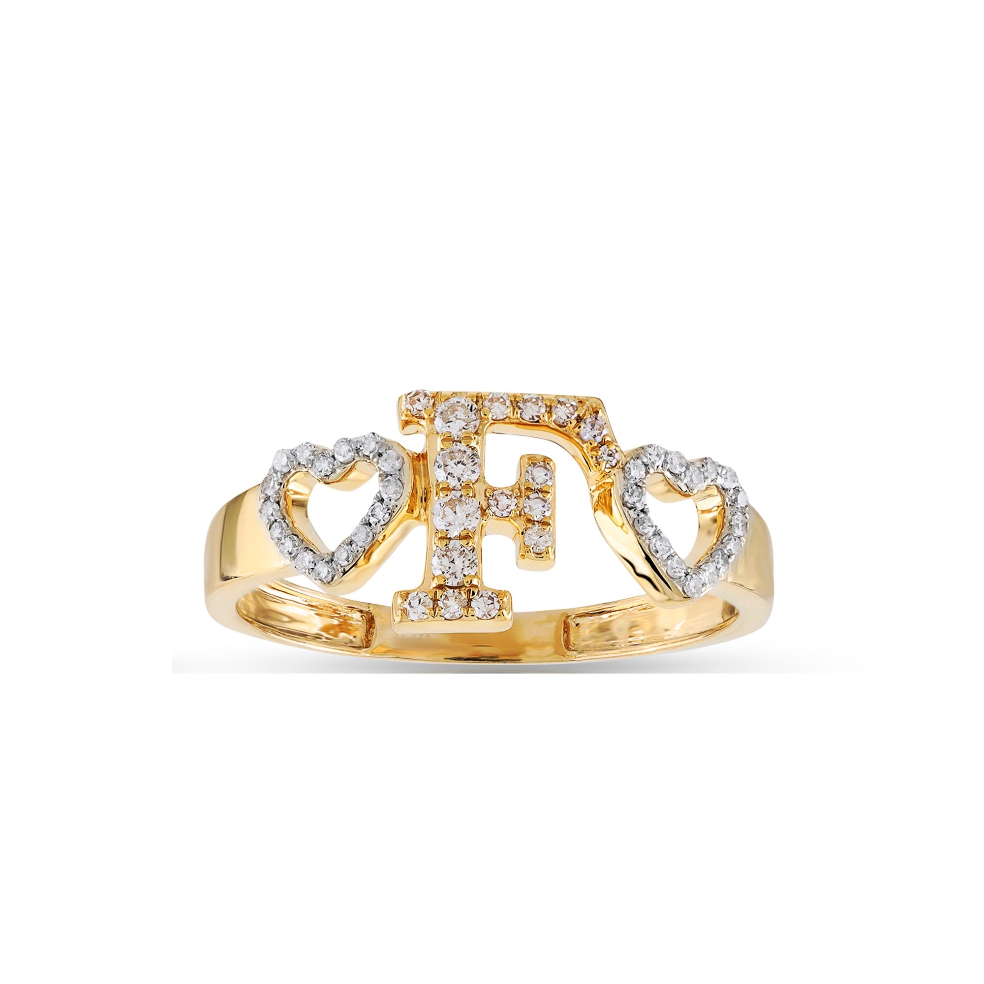 Yellow Gold Round Diamond Heart Initial Ring