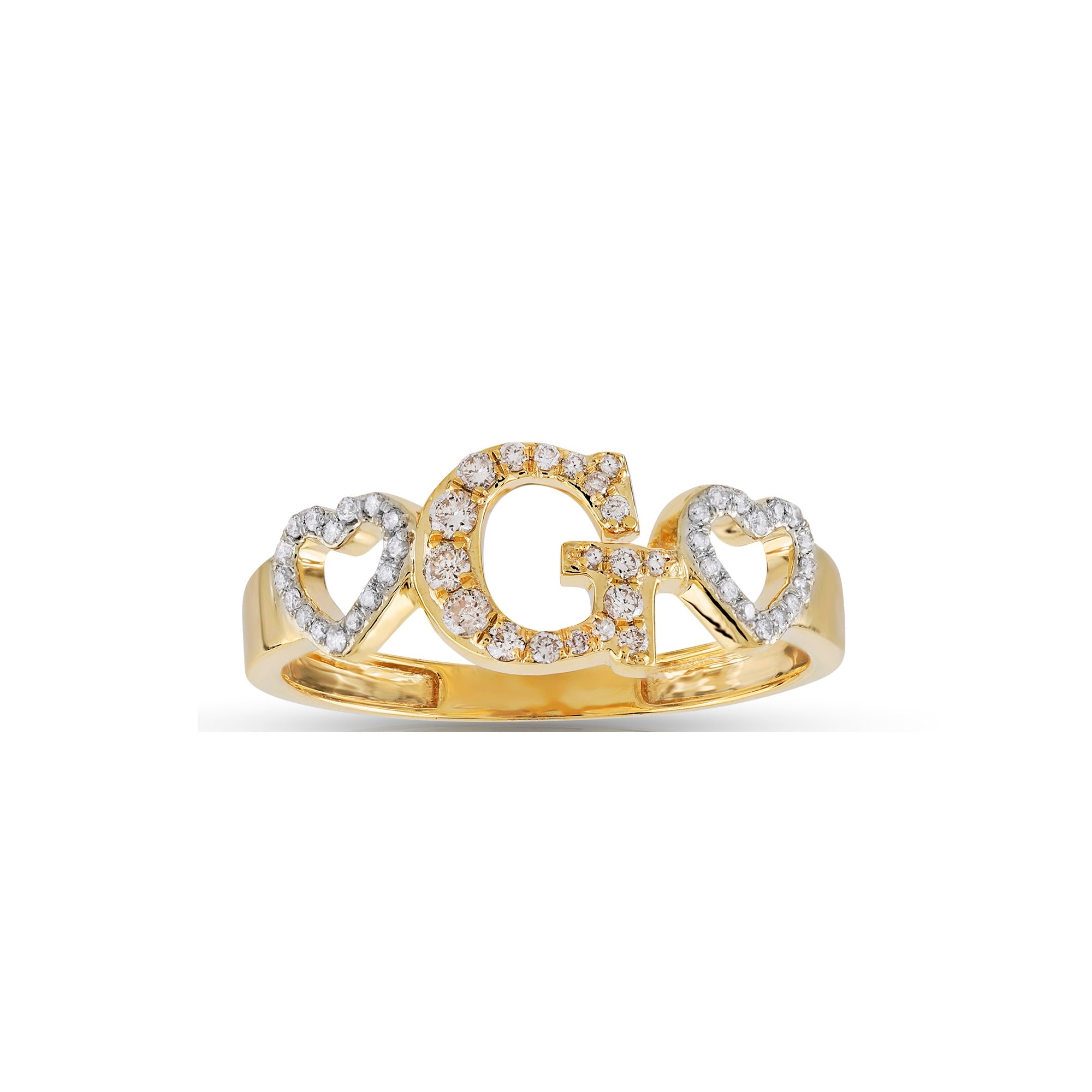 Yellow Gold Round Diamond Heart Initial Ring