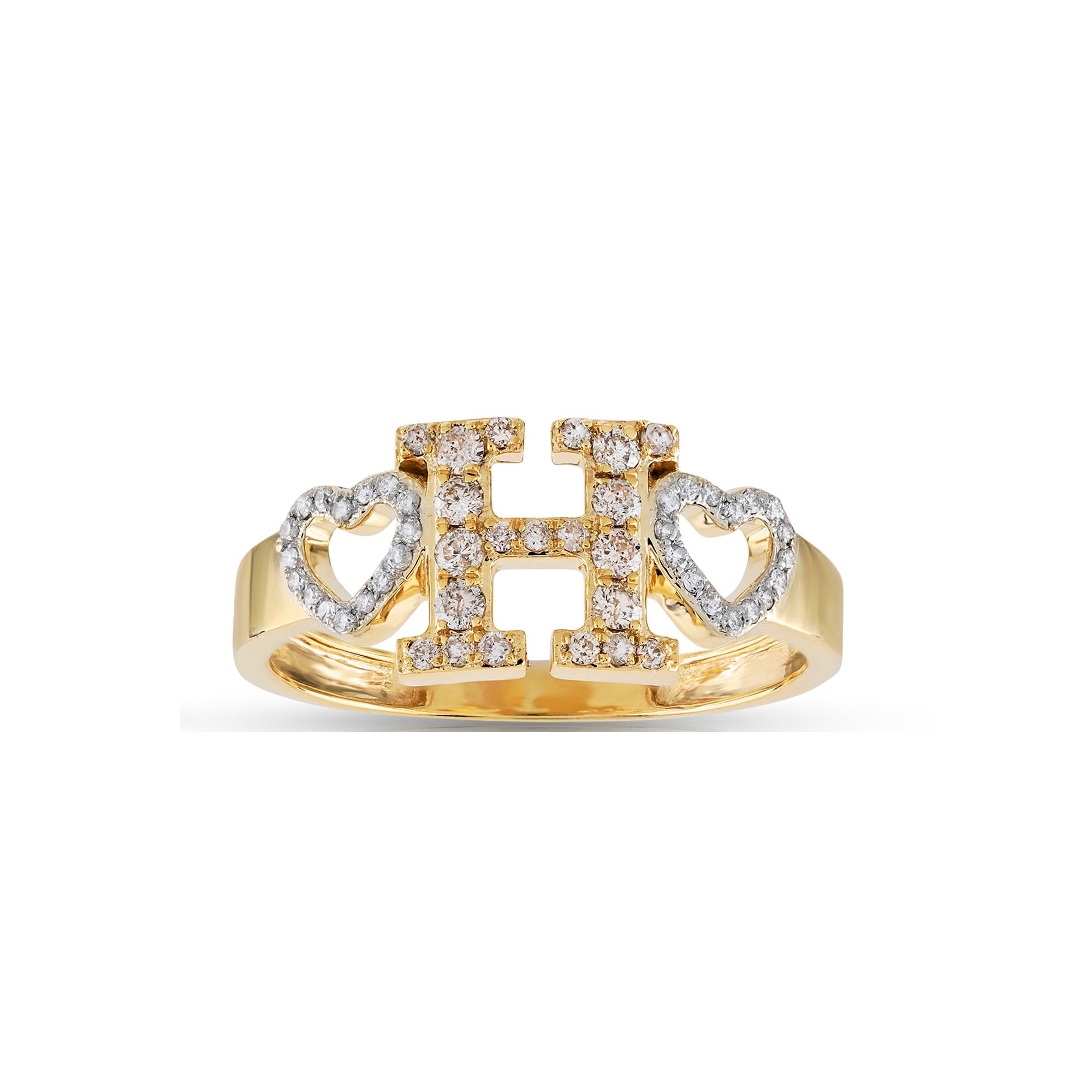 Yellow Gold Round Diamond Heart Initial Ring