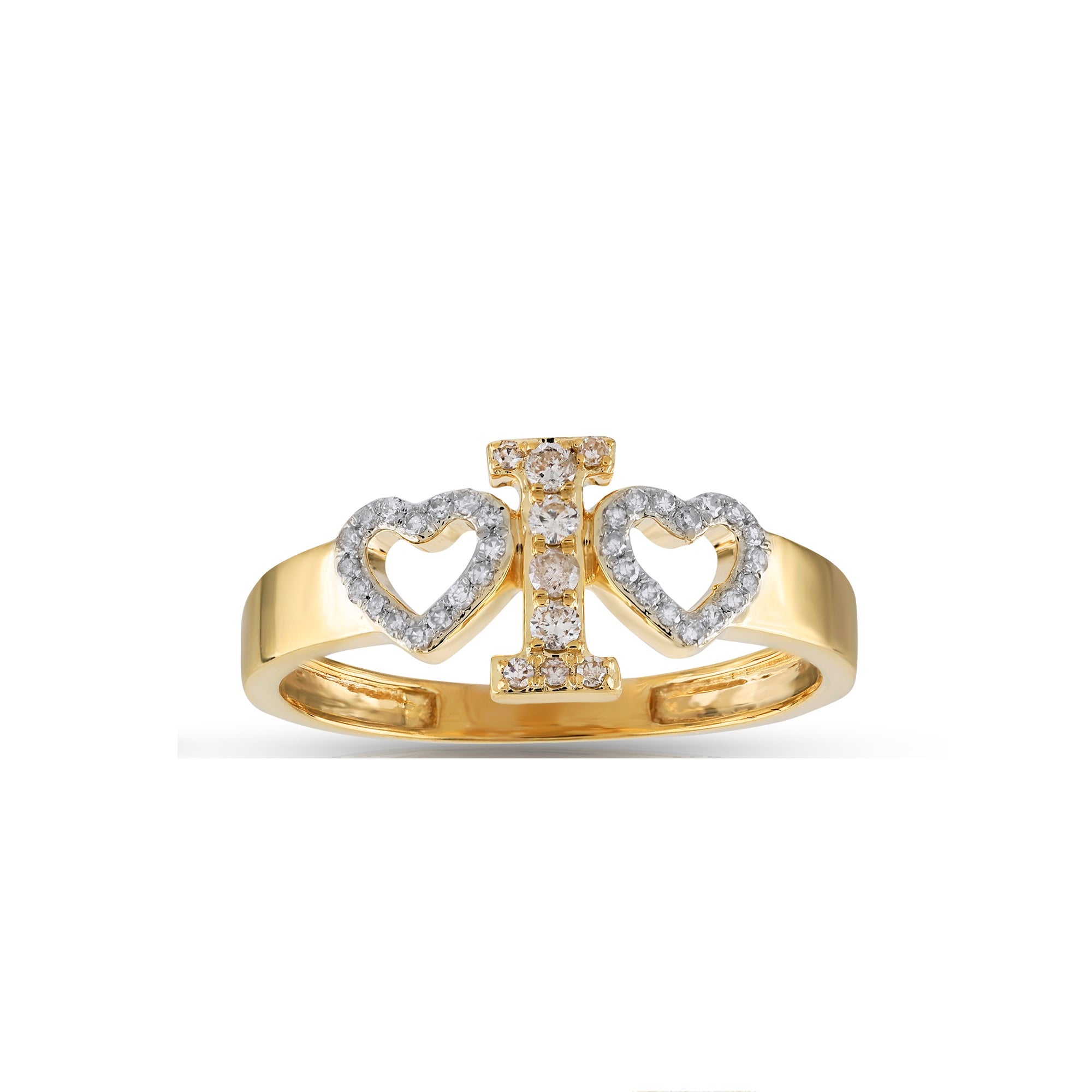 Yellow Gold Round Diamond Heart Initial Ring