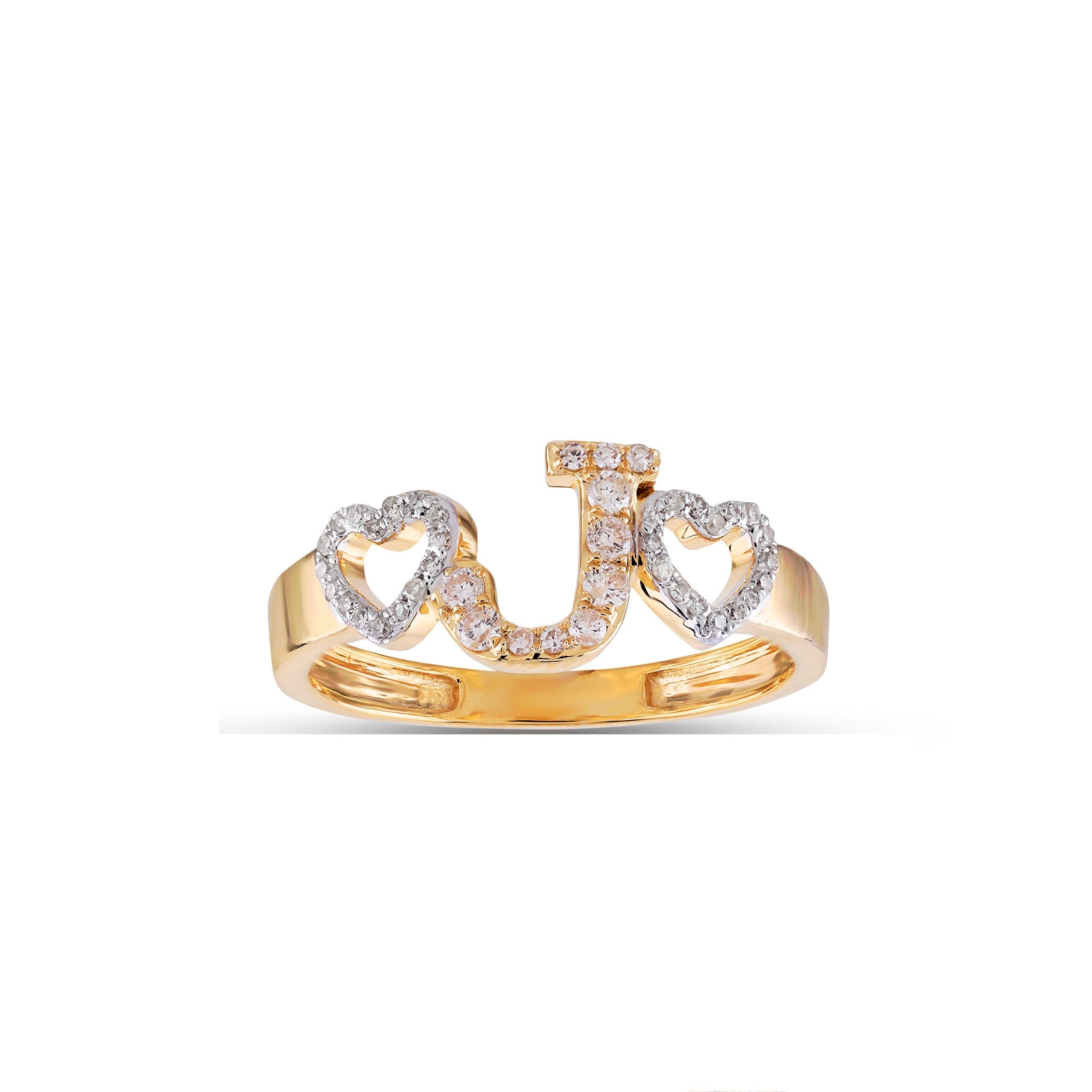 Yellow Gold Round Diamond Heart Initial Ring