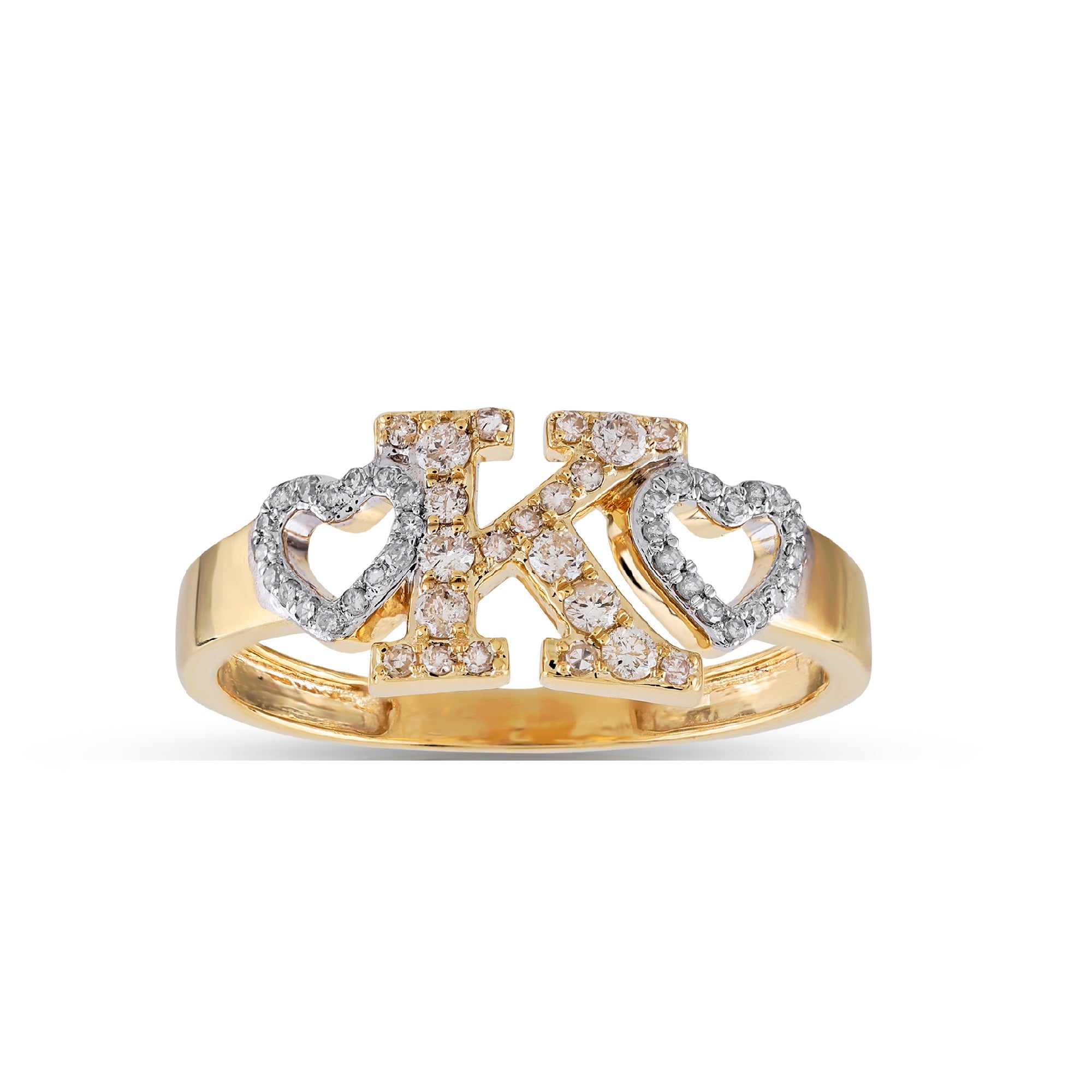 Yellow Gold Round Diamond Heart Initial Ring