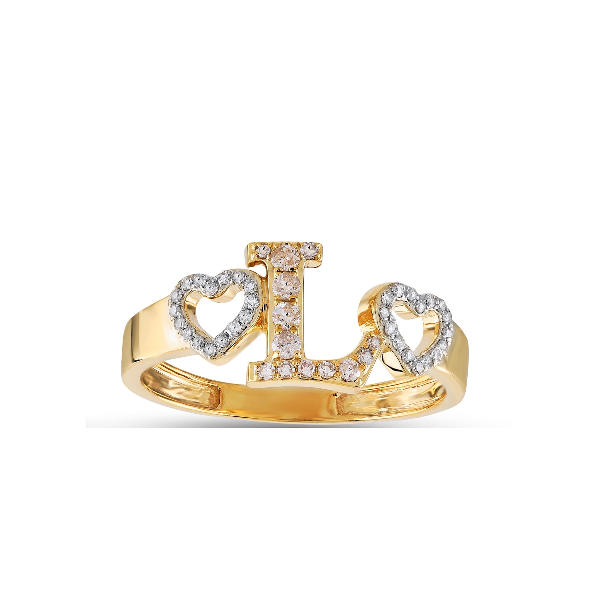 Yellow Gold Round Diamond Heart Initial Ring