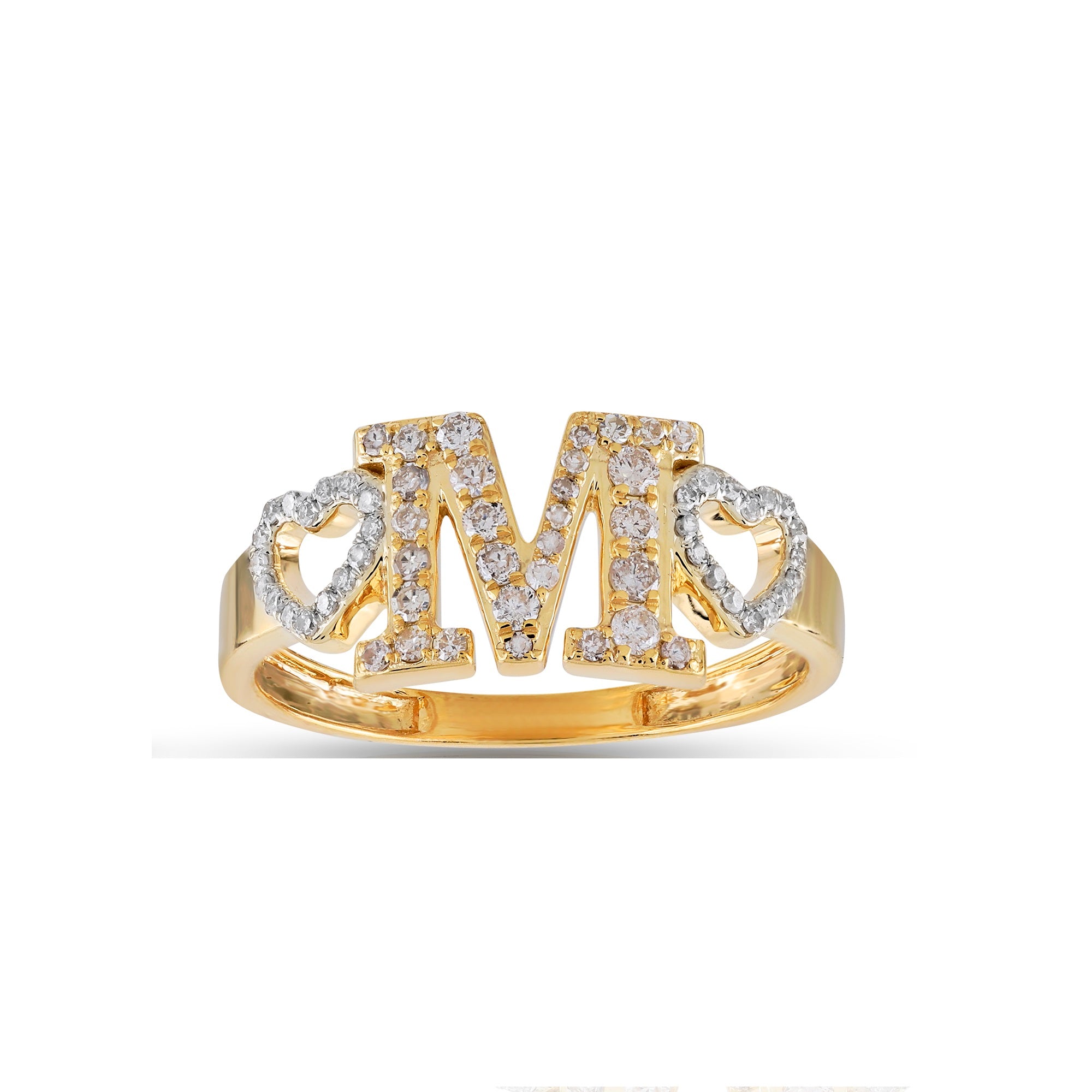 Yellow Gold Round Diamond Heart Initial Ring