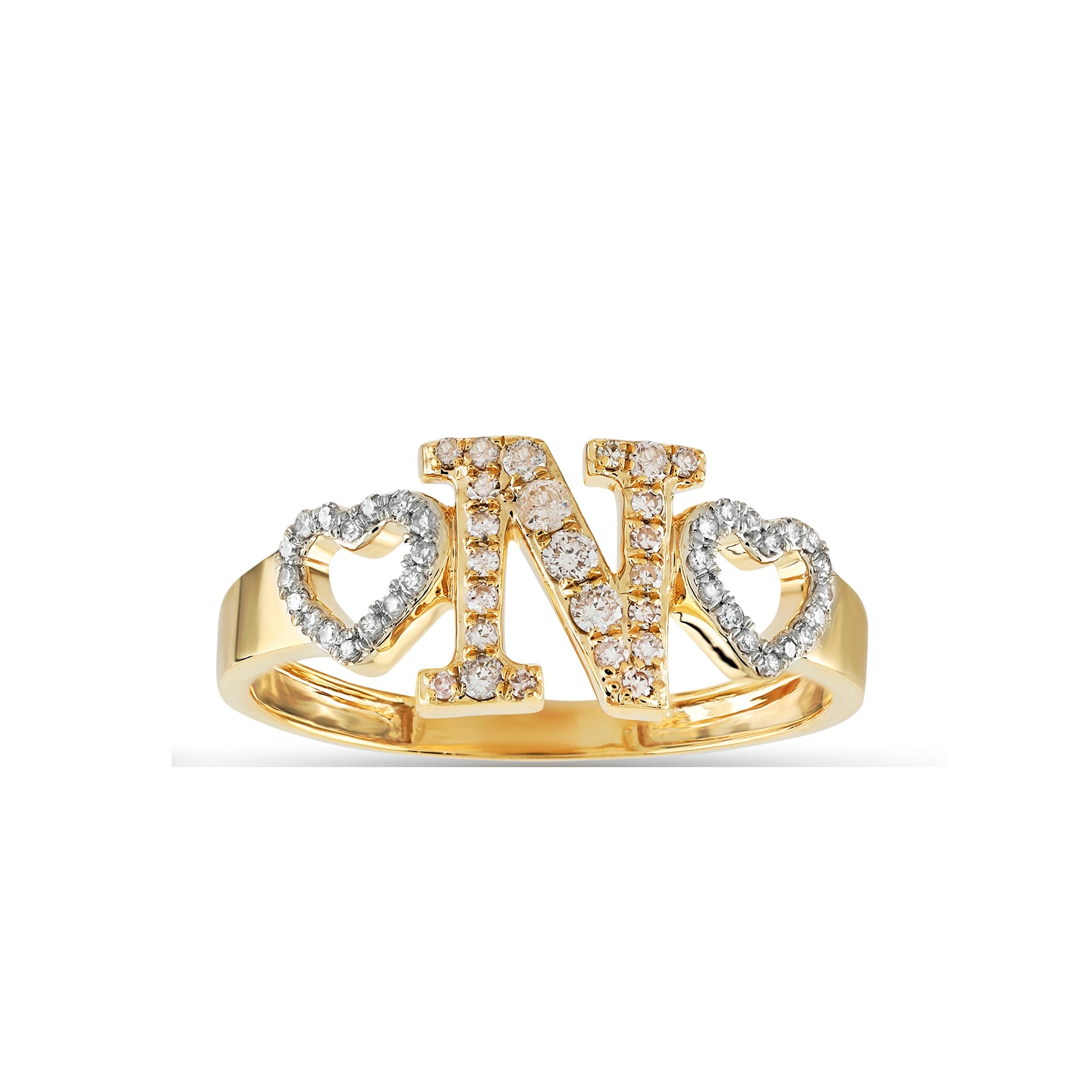 Yellow Gold Round Diamond Heart Initial Ring