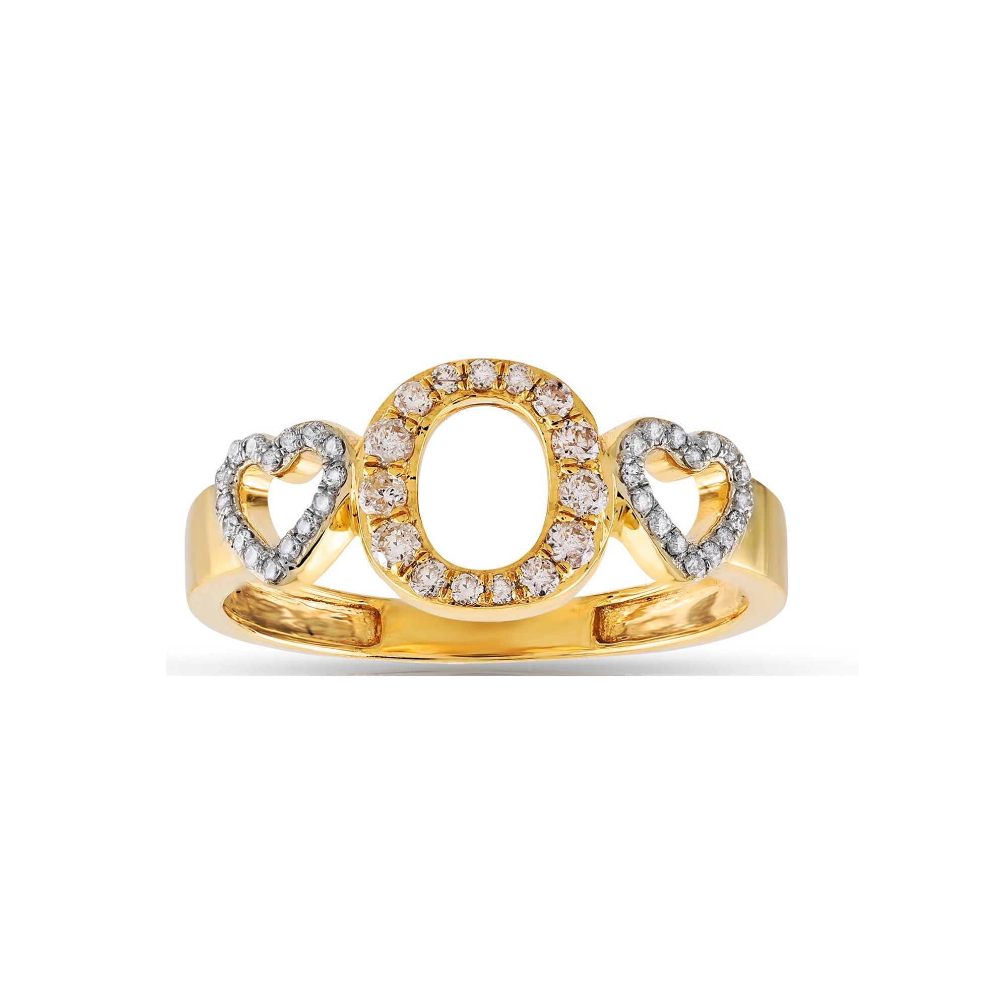 Yellow Gold Round Diamond Heart Initial Ring