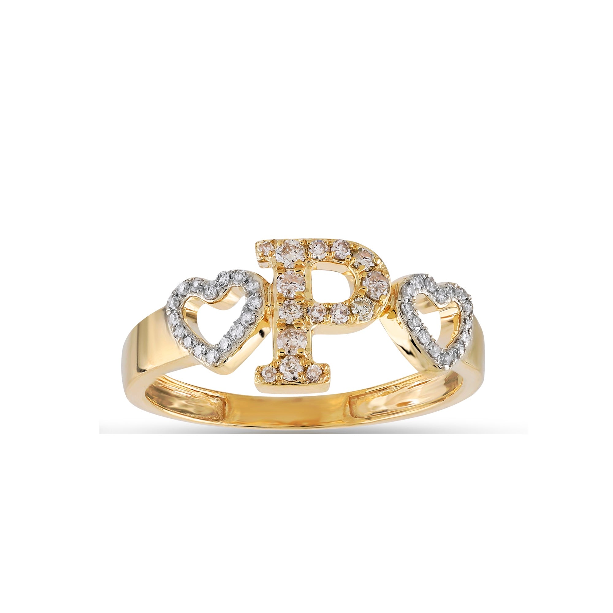 Yellow Gold Round Diamond Heart Initial Ring
