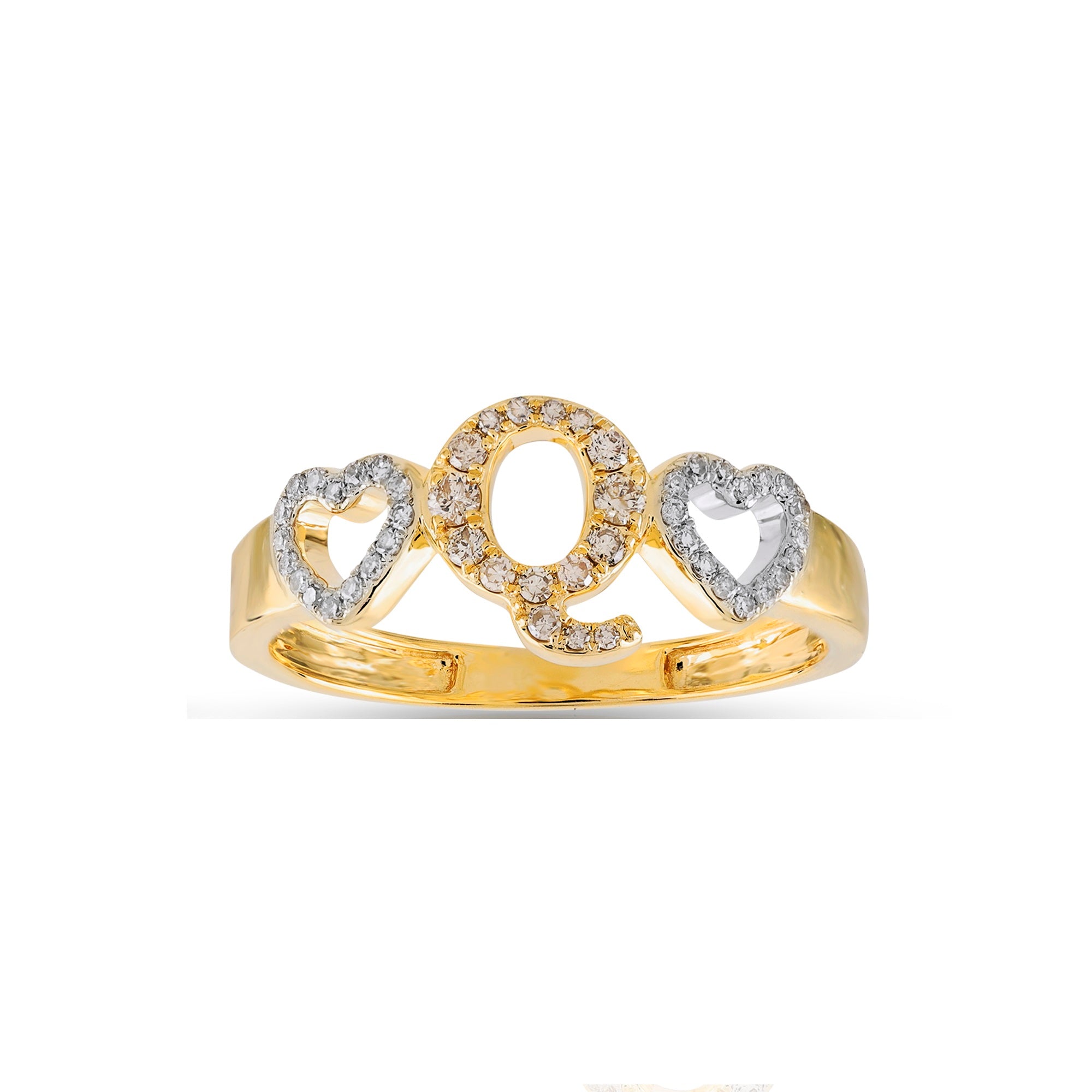 Yellow Gold Round Diamond Heart Initial Ring