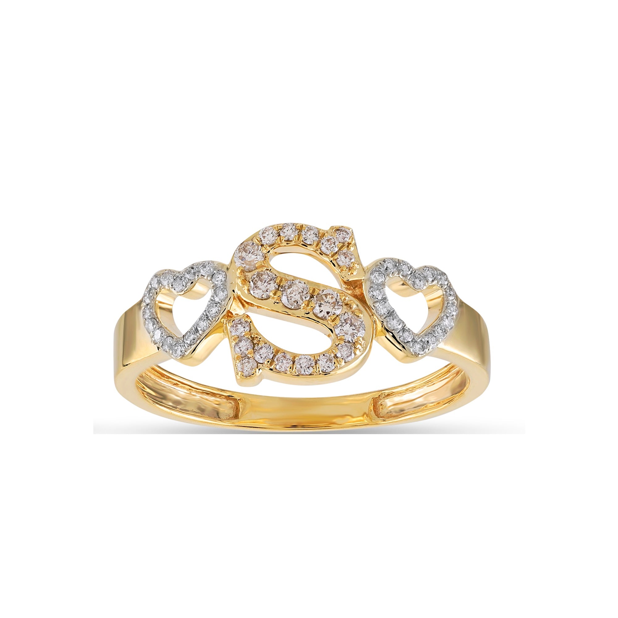 Yellow Gold Round Diamond Heart Initial Ring