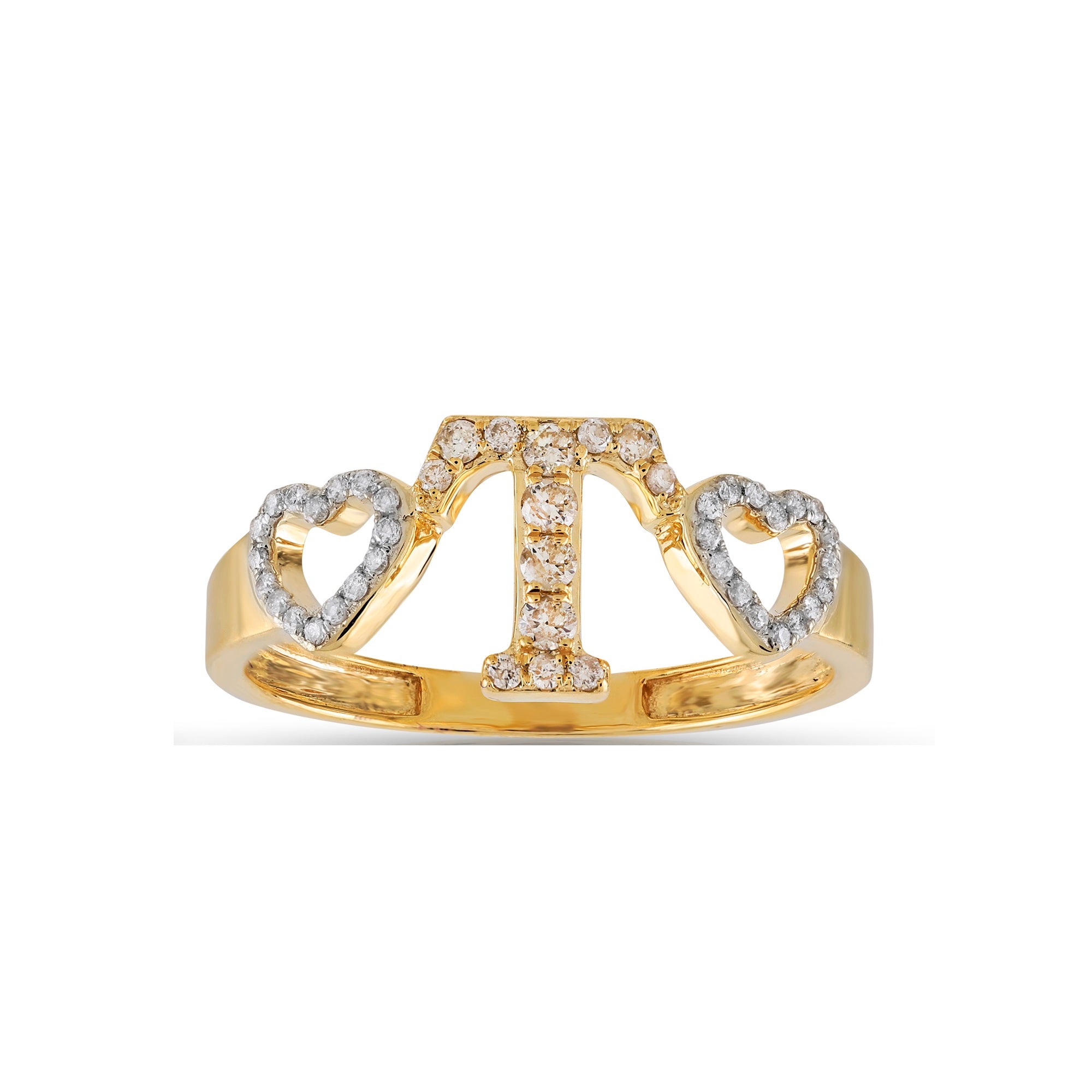 Yellow Gold Round Diamond Heart Initial Ring