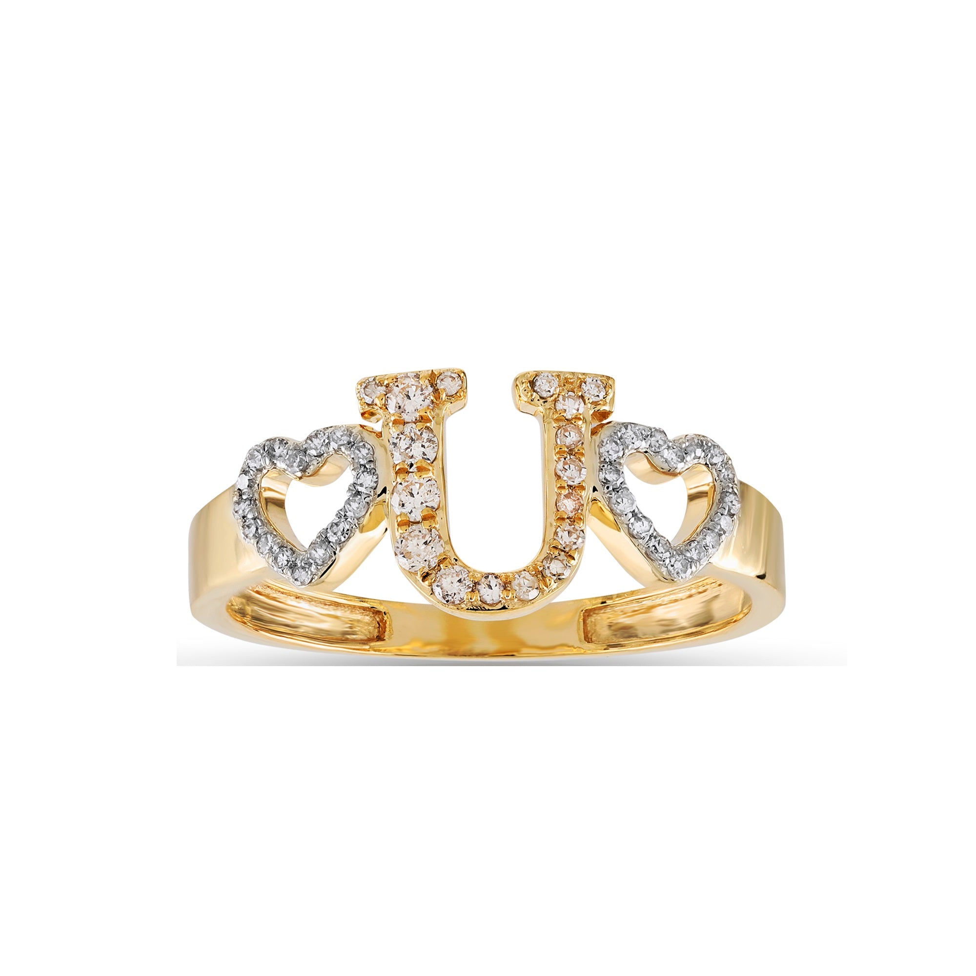 Yellow Gold Round Diamond Heart Initial Ring