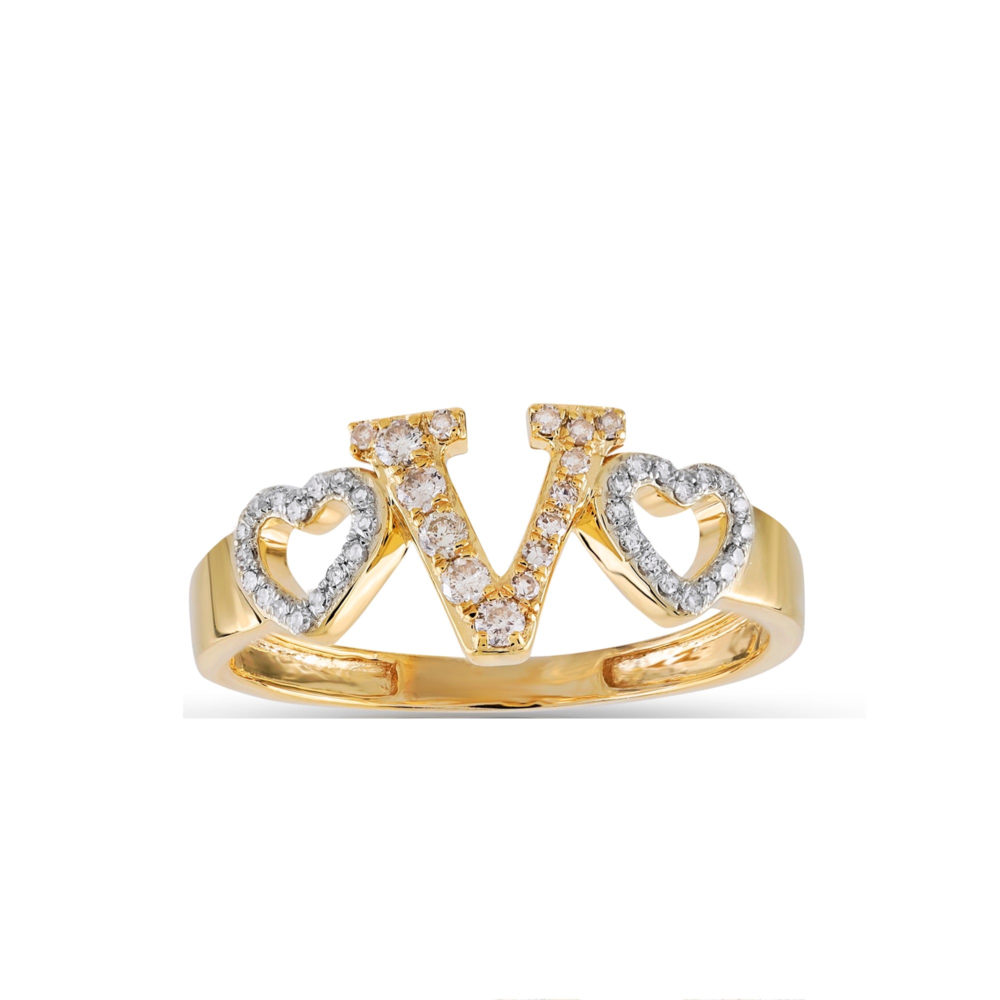 Yellow Gold Round Diamond Heart Initial Ring