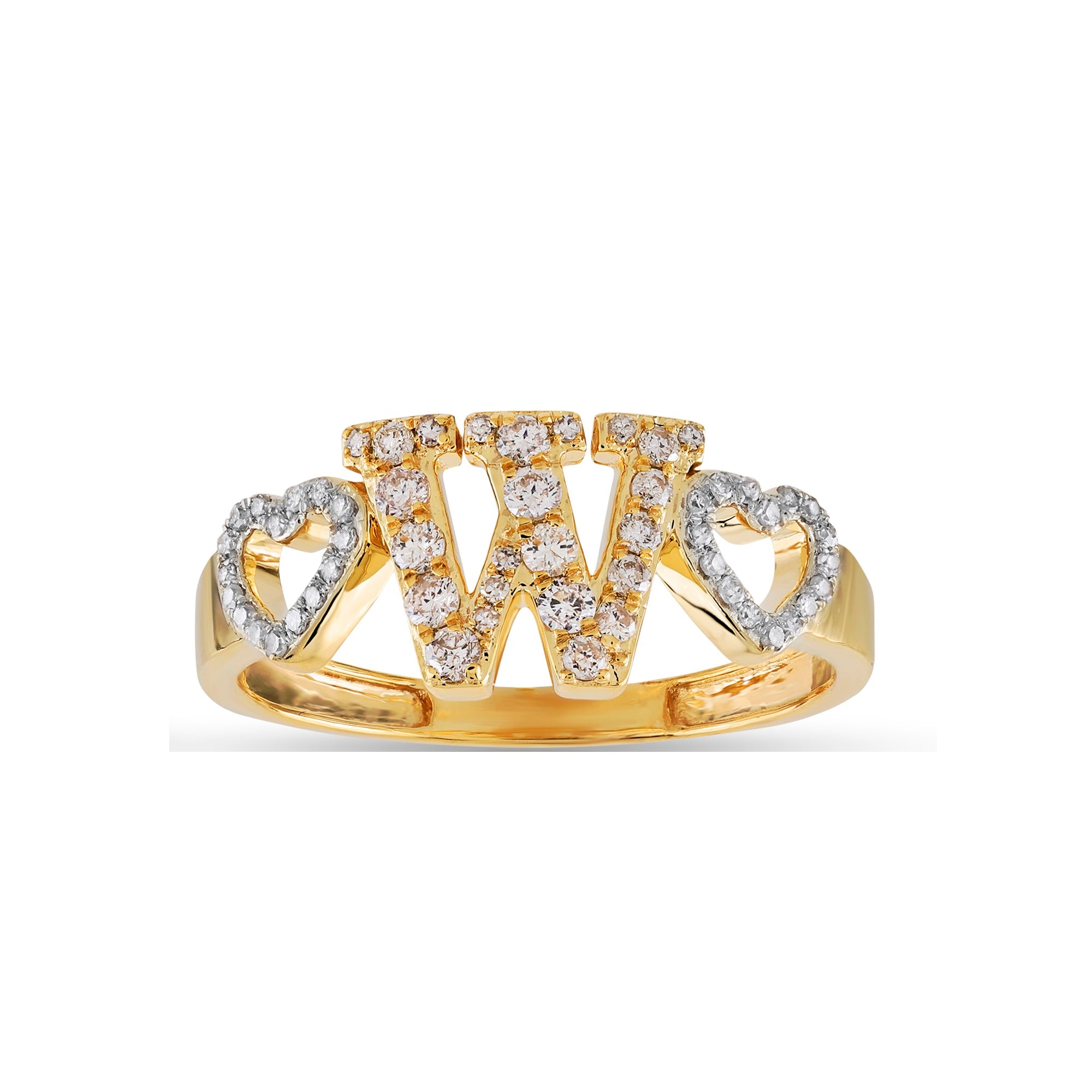 Yellow Gold Round Diamond Heart Initial Ring