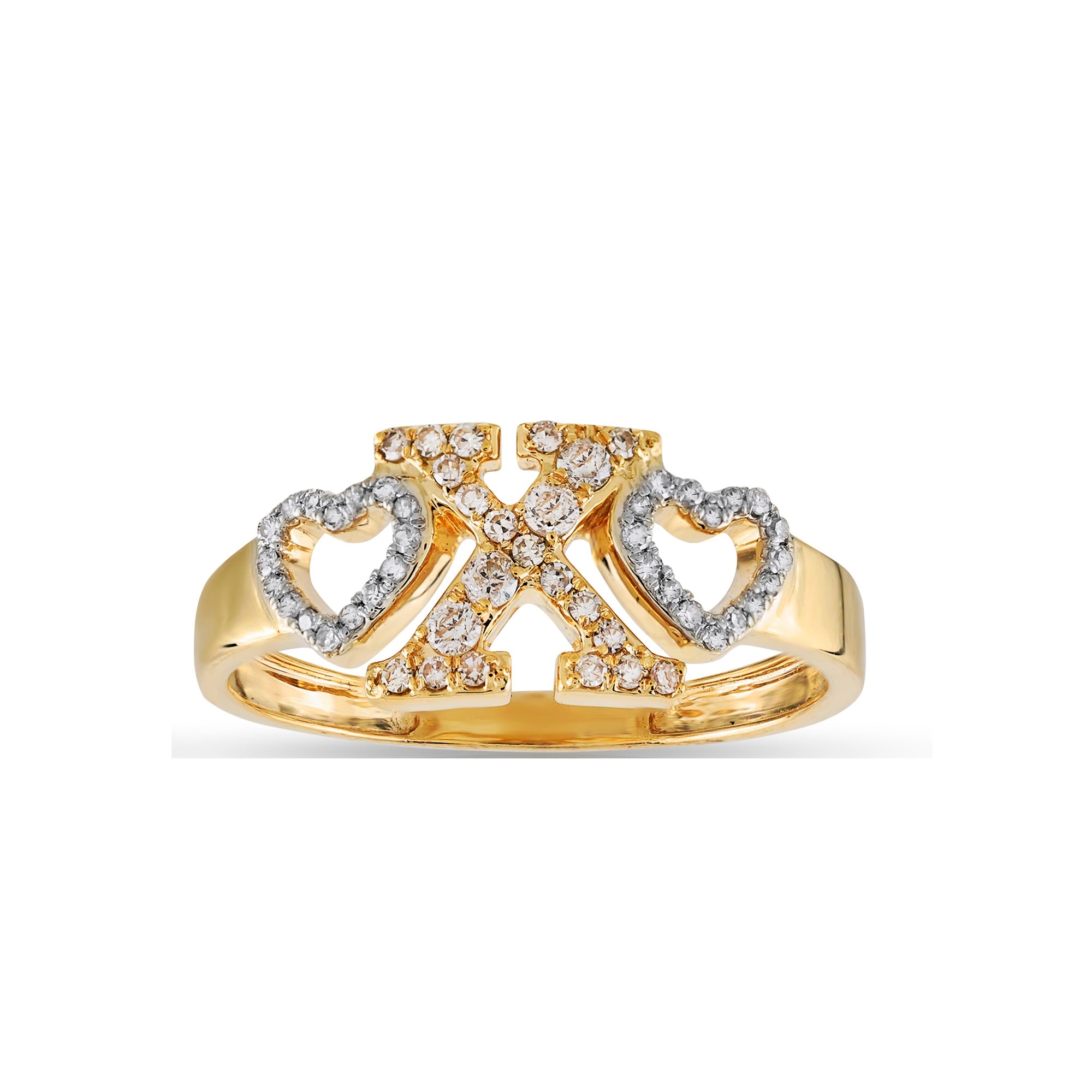 Yellow Gold Round Diamond Heart Initial Ring