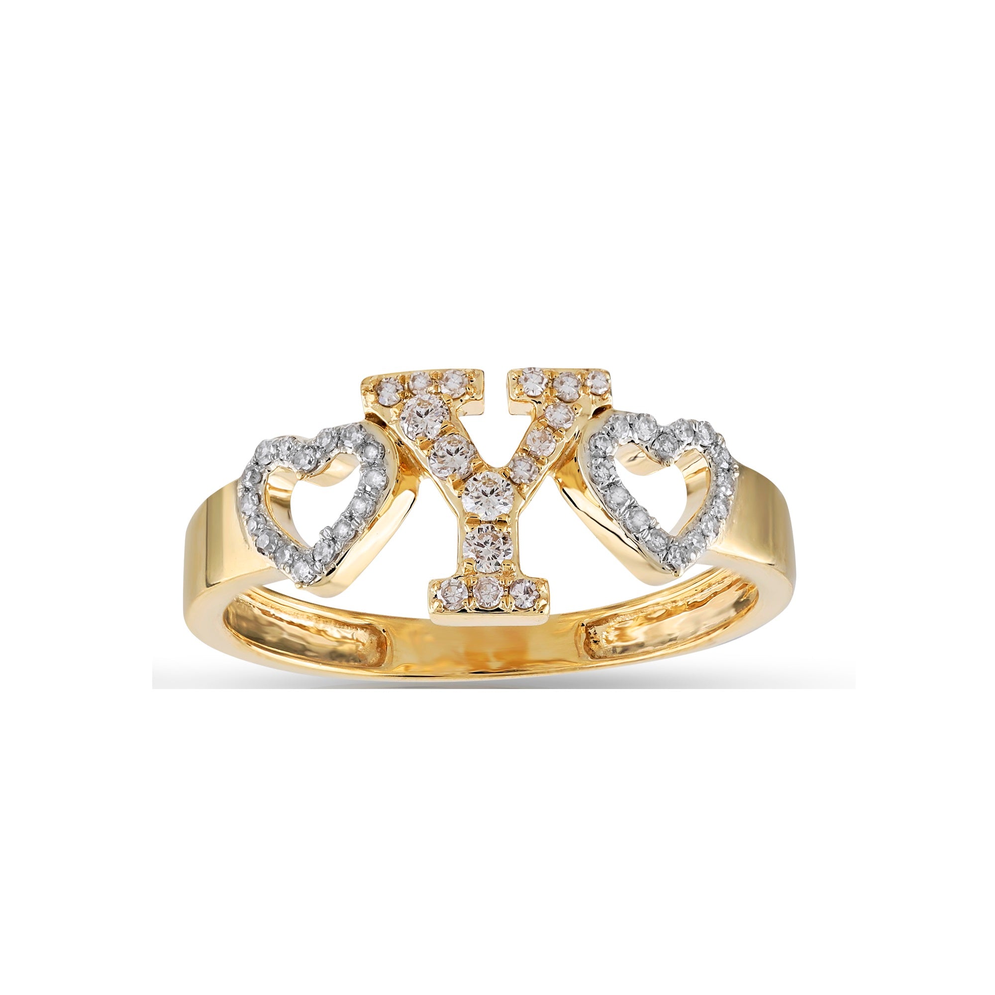 Yellow Gold Round Diamond Heart Initial Ring