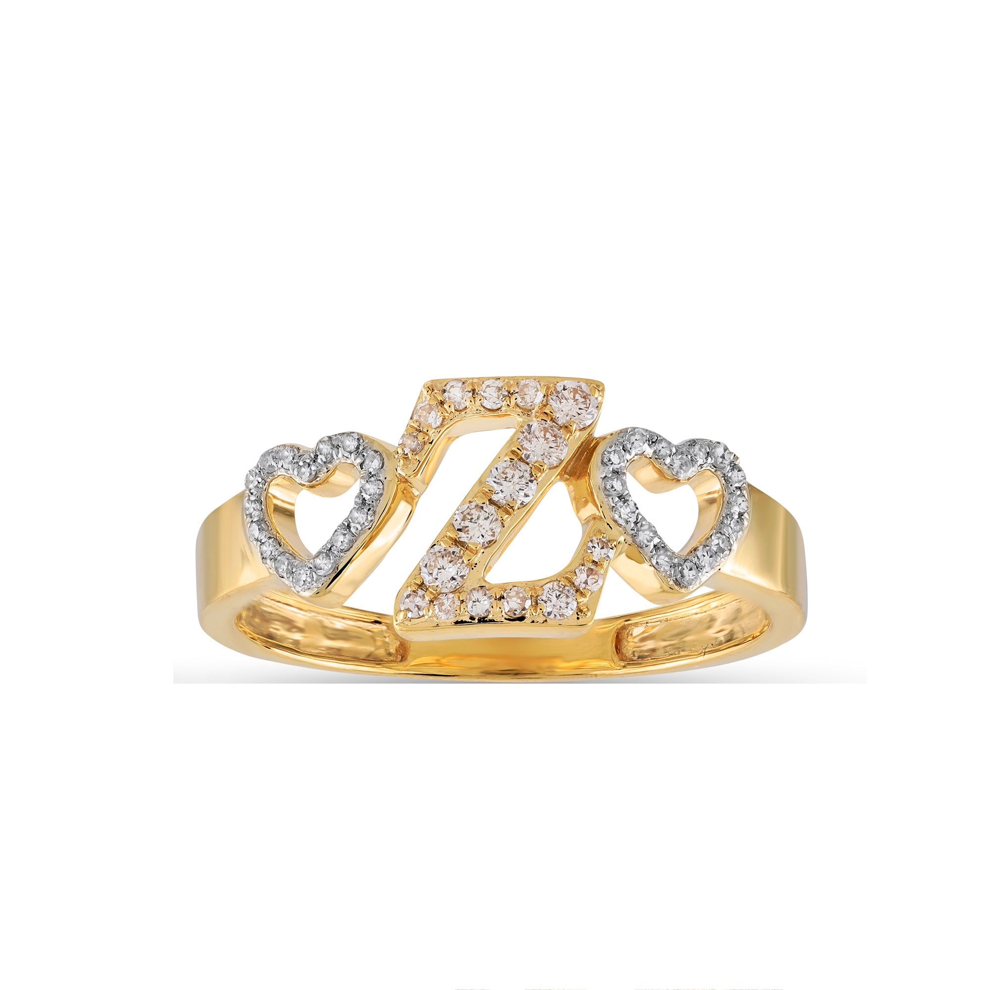 Yellow Gold Round Diamond Heart Initial Ring