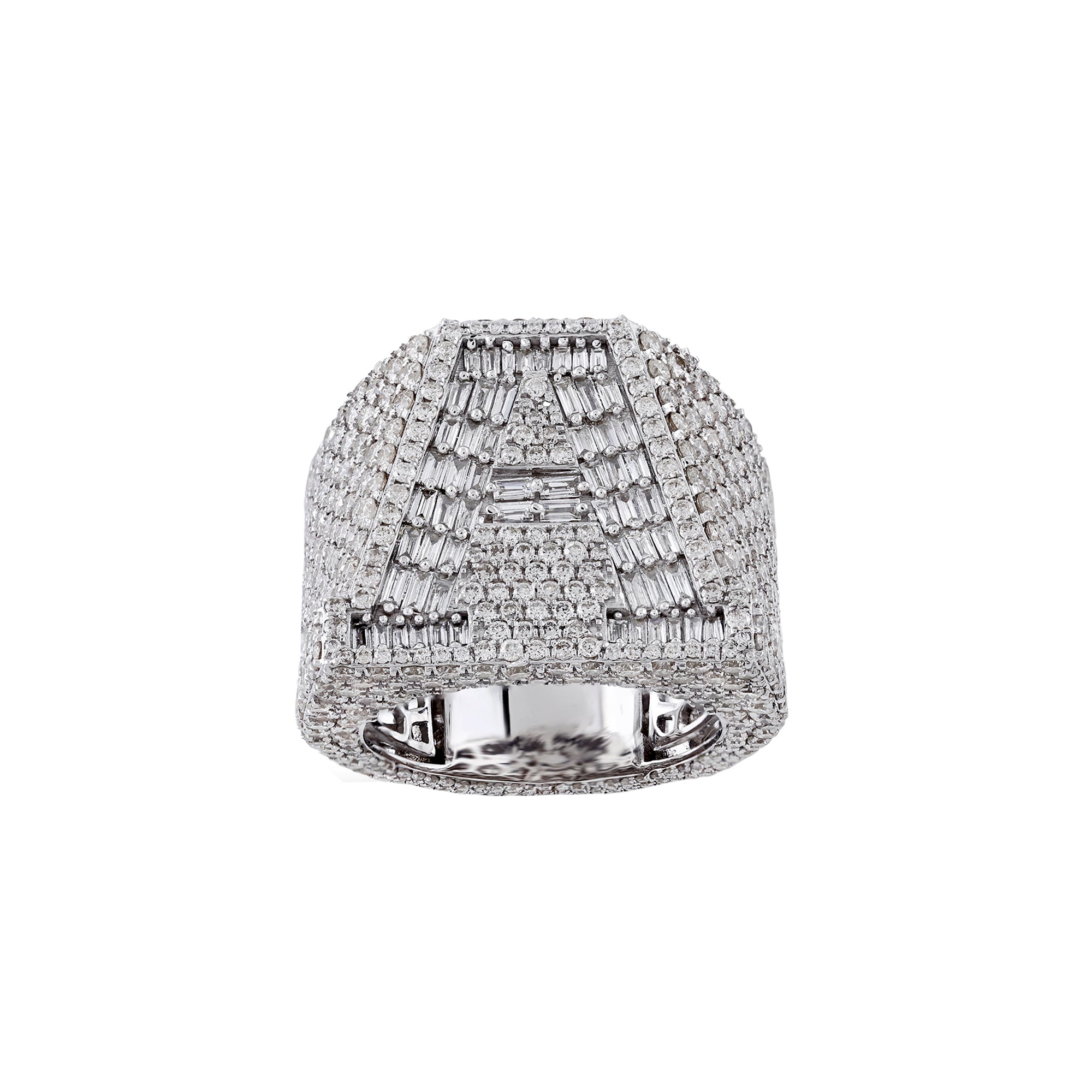 White Gold Baguette Round Diamond Cluster 'A' Letter Ring