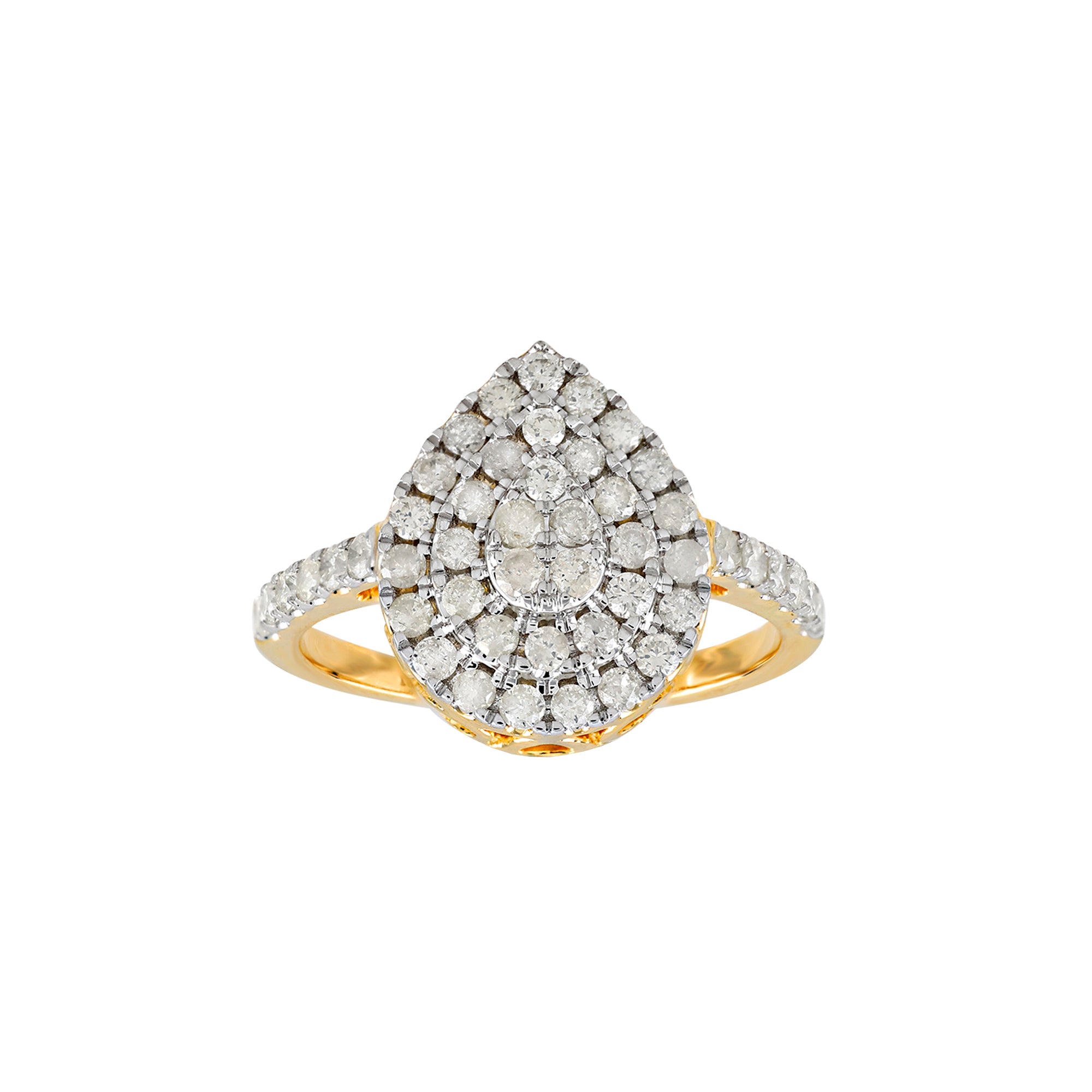 Yellow Gold Round Diamond  Cluster Pear Shape Ring