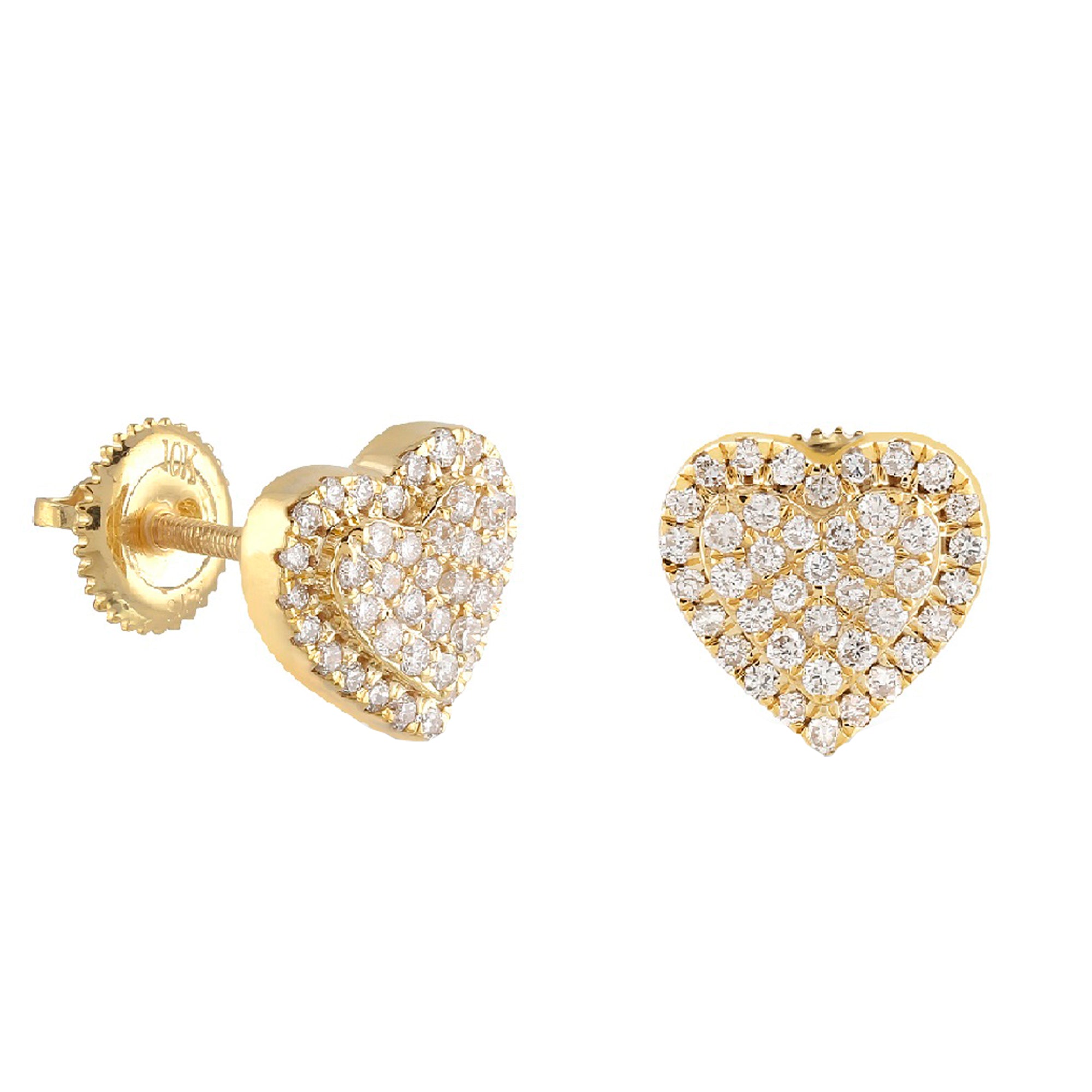 Yellow Gold Round Diamond Double Heart Stud Earrings